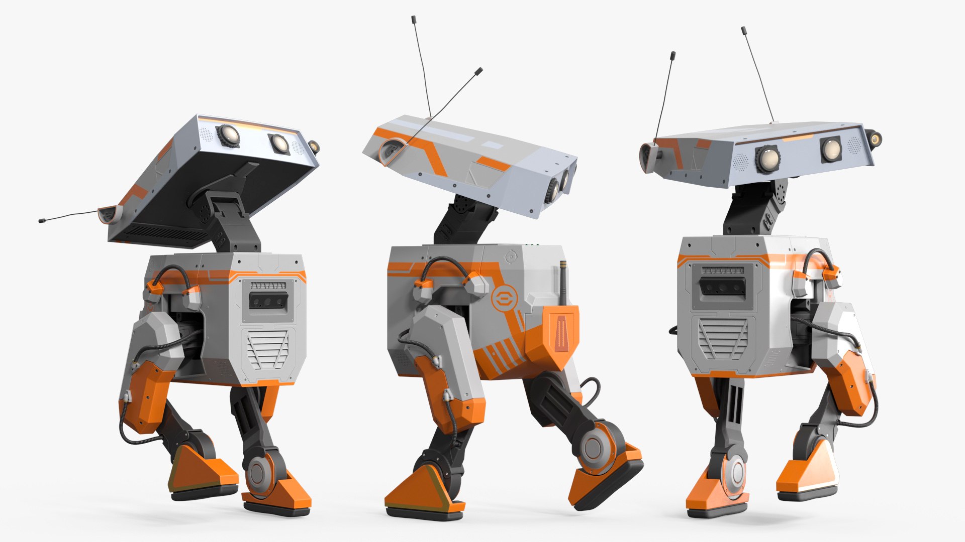 Sensor-Equipped Assistant Robot White Orange Rigged for Maya 3D model for industrial visualization, technical presentation, simulation, product rendering, and animation