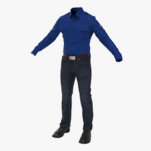 3D Realistic Security Officer Uniform Male Body Shape Model - Button-up Shirt - Jeans - Belt - Shoes