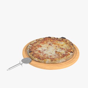Pizza and cutter on a board 3D model