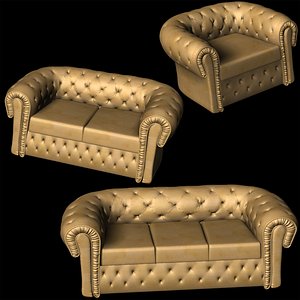 Chesterfield Leather Sofa Set 3D