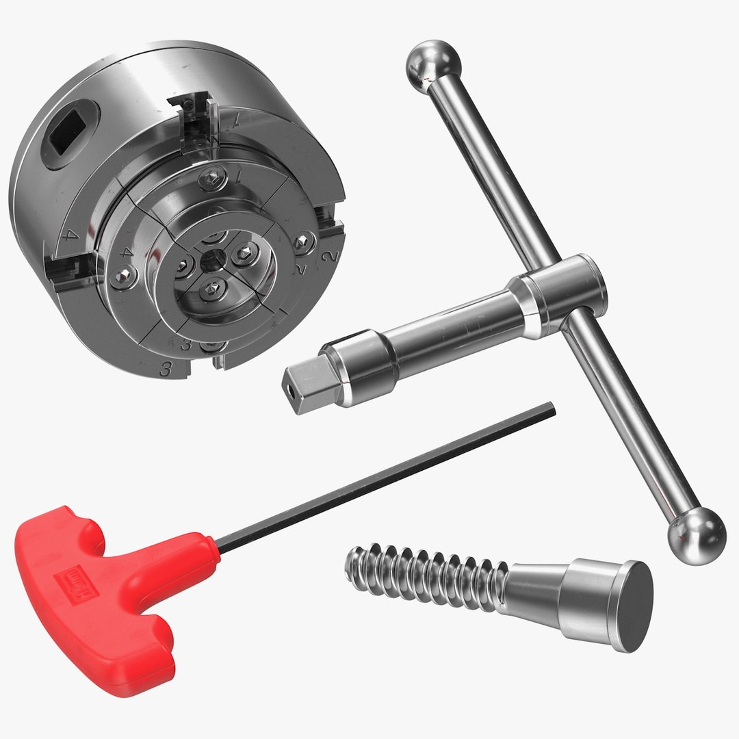 Self Centering Four Jaw Lathe Chuck Set Rigged 3D model preview