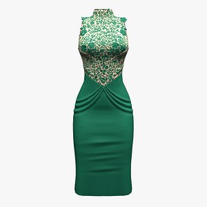 Lace Showing Skin Effect and Green Satin Night Dress 3D model