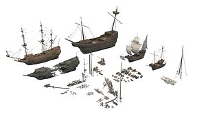 Vintage Wooden Sailing Ships and Wreckage 3D Model Pack