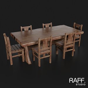 Rustic Dining Table with 6 Chairs - Country Furniture Set 3D model