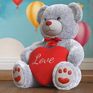 3D Plush Teddy Bear Grey Holding Heart Fur for Maya