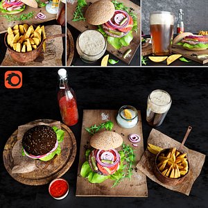 Burgers with potatoes and beer