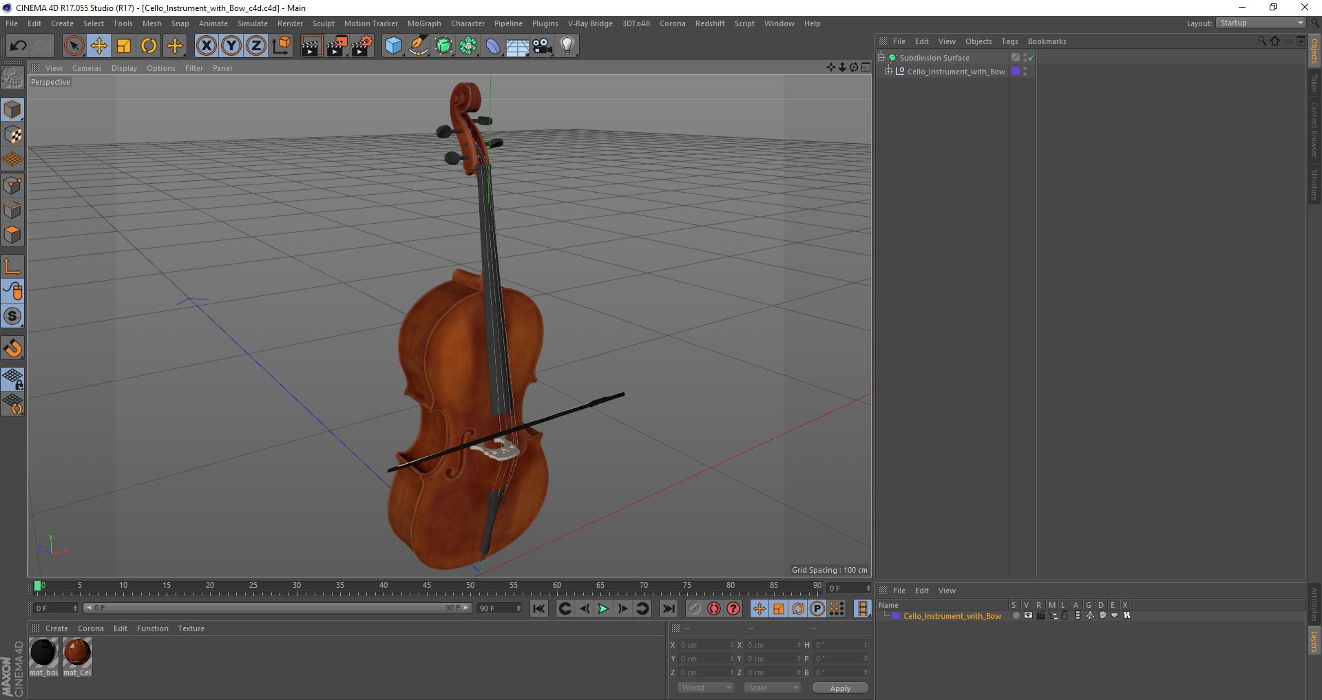 Cello Instrument with Bow 3D model preview
