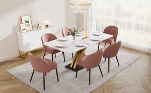 Light Luxury Dining Room with White Marble Dining Table 3D Interior Scene