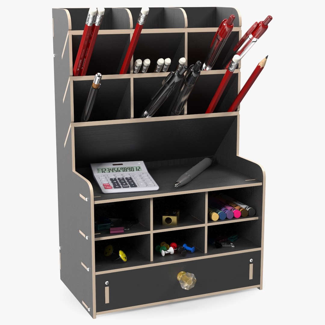Office Stationery Organizer with Supplies 3D model preview