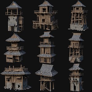 3D DESTROYED RUINED JAPANESE TOWER WATCHTOWER WALLS COLLECTION AAA