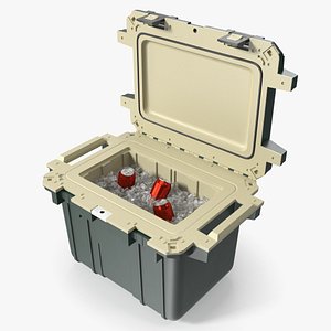 Insulated Camping Cooler Filled with Ice and Aluminum Cans 3D