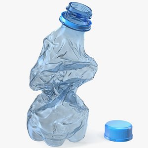 3D Upright Crushed Empty Plastic Bottle Blue with Cap model