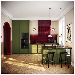 Modern Kitchen Interior with Burgundy Tile and Arch