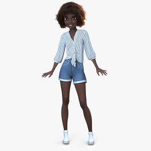Cartoon Girl African Casual Standing Smiling Blue