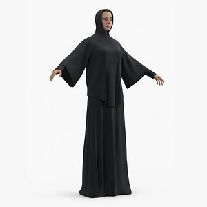 3D Muslim Woman in Hooded Abaya Black