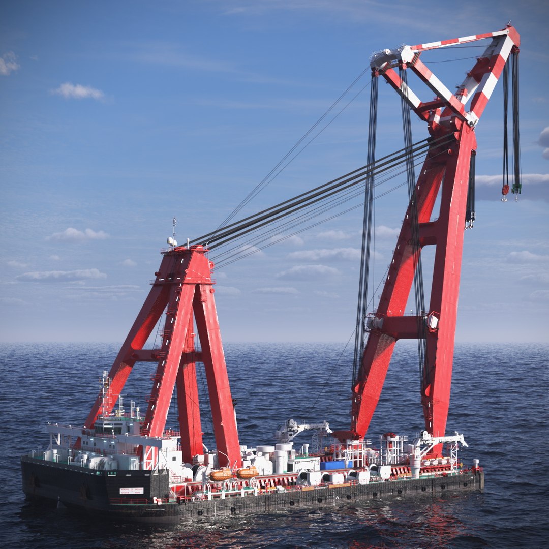 Marine Crane Lift Vessel on Water 3D model preview