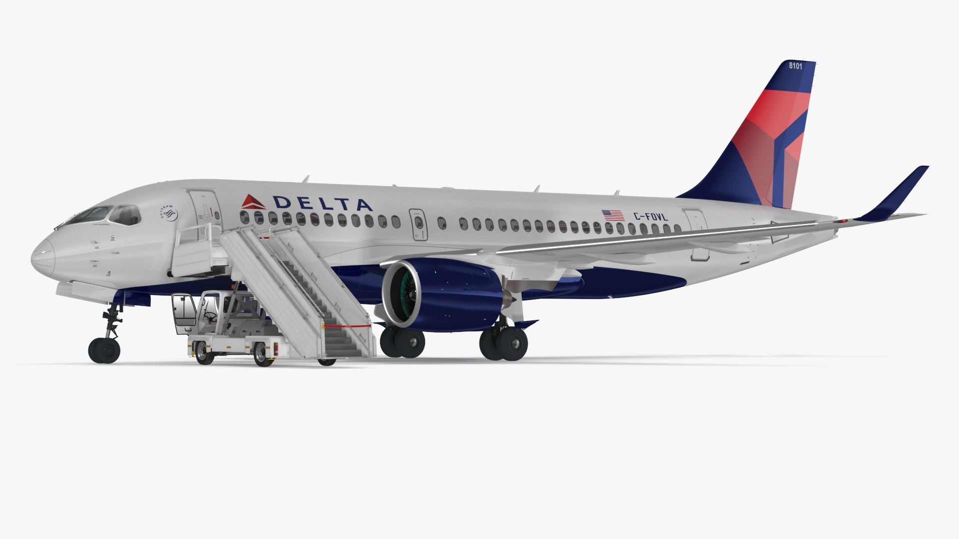 Airbus Delta with Passenger Boarding Stairs Car 3D model preview