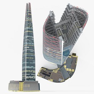 3D model Glass Skyscraper Model with Night Illumination