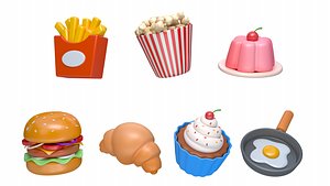 3D Food icon KFC dessert Fries burger bun Jelly Omelette model