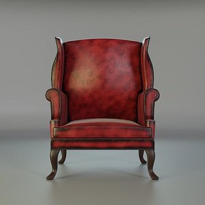 Vintage Leather Wingback Armchair Aged Red Upholstery 3D model
