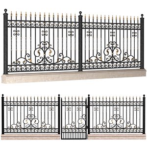 Fence in classic style with wrought iron railing 3D