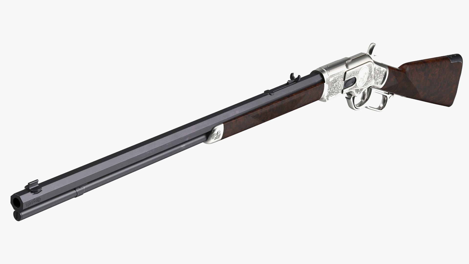 Engraved Winchester Model 1873 Silvered Case Rigged for Maya 3D model preview