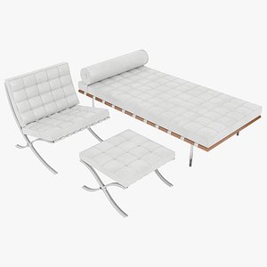 Knoll White Leather Barcelona Chair Couch and Stool Ottoman Set