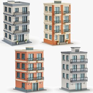 Cartoonish Apartment Building Low Poly 3D Bundle