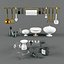 Tableware, dishes, bottle, tureen, wineglass, jar, soup ladle, kitchen spoon.