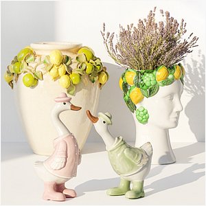 3D Lavender bouquet bust vase duck figurine decor
