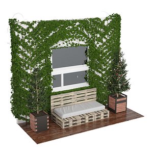 Ivy-covered wall with sofa and conifer planters model