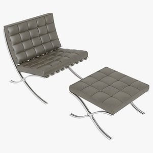 Knoll Brown Leather Barcelona Chair and Stool Ottoman Set 3D model
