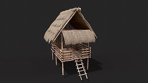 3D Primitive Wooden Shelter with Thatch Roof 3