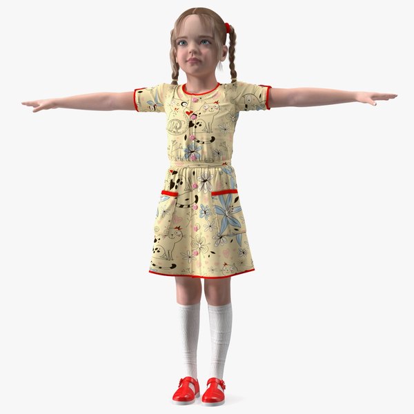 Child Girl in Dress T-Pose 3D