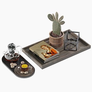 3D Coffee set 14 - tray pot cup books figurine plant pot