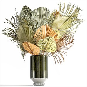 bouquet of dried flowers vase glass palm leaf branch 305 3D model