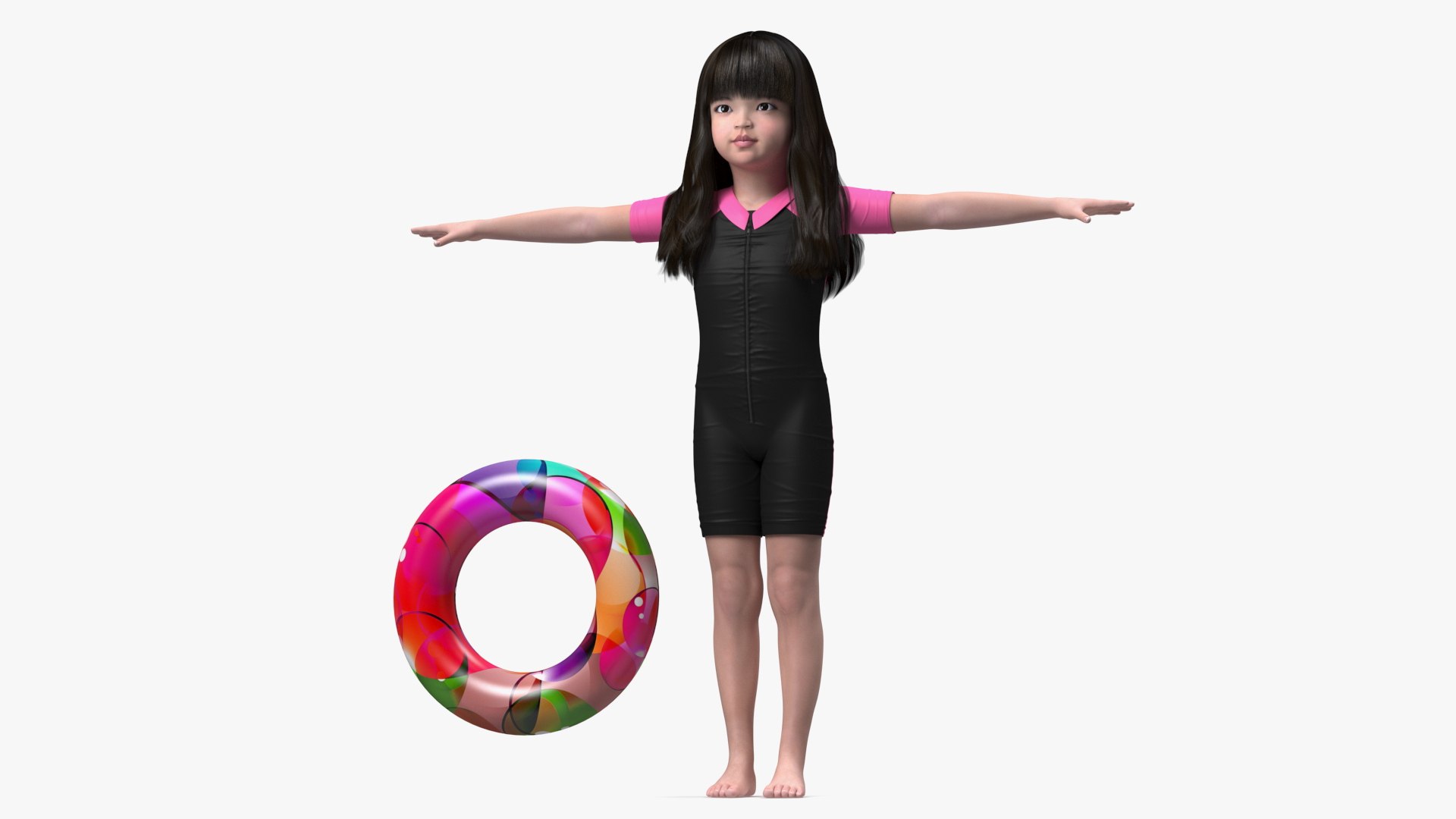Asian Girl in Beach Suit with Inflatable Circle Rigged 3D model preview