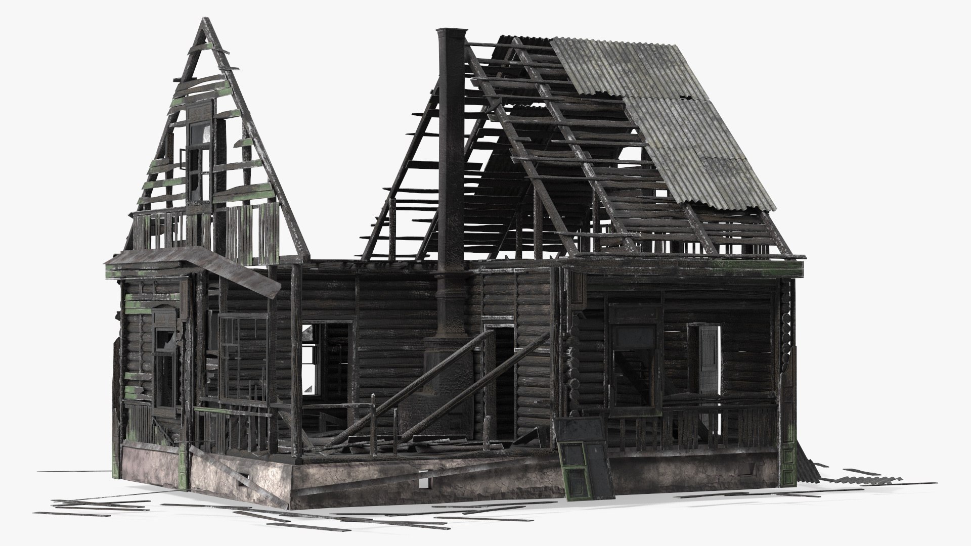 Burnt Wooden House Green 3D model preview