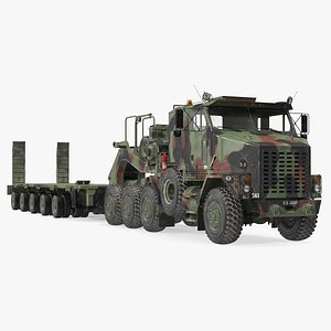 Dirty Camouflage Oshkosh M1070 Tank Transporter Tractor with M1000 Semi-Trailer