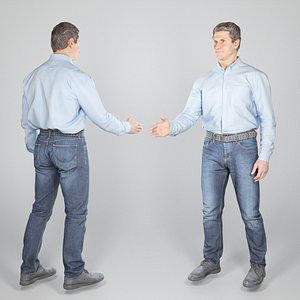 Man in jeans and blue shirt shaking hand 235