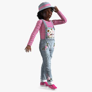 Young Black Girl a Denim Jumpsuit Rigged