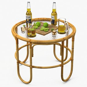3D Corona Beer with Tequila Shot and Lime on Bamboo Table