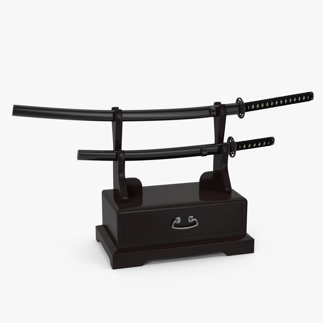 Double Katana Stand with Drawer Set 3D Model 3D model preview