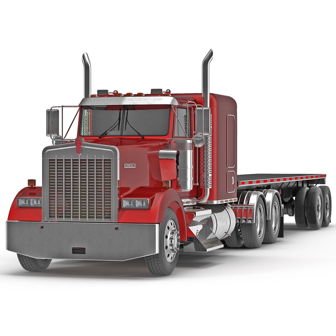 Truck Kenworth W900 and Flatbed Trailer 3D Model 3D model preview