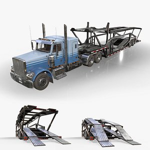 Flat Top Semi Truck Car Carrier Trailer - Low Poly
