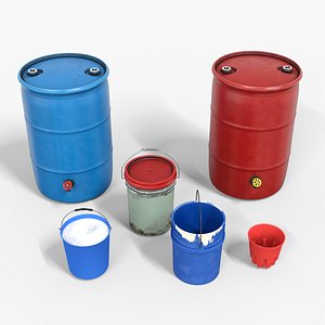 3D Gallon Water Drum And Buckets low-poly 3d model