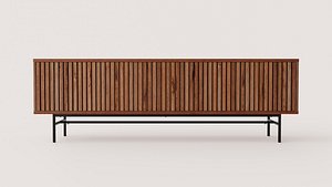 Modern Slatted Wood TV Stand with Black Metal Base