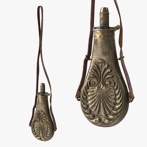 Old Ornate Brass Ganpowder Flask with Strap 3D