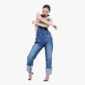 Asian Woman Wearing Jeans Salopet 006 Remastered 3D model