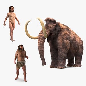Prehistoric Humans and Mammoth Fur Rigged Collection 3D